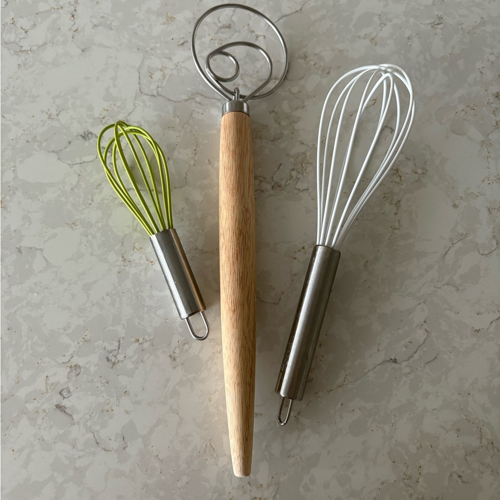 3 pc x kitchen baking cooking tools Stainless Steel and Wood Whisk Set